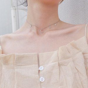 NEW 925 Sterling Silver Diamond Moon Star Necklace